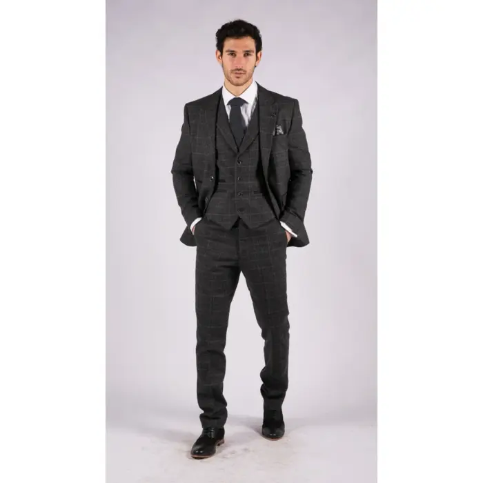 Mens Grey Tweed 3 Piece Suit Blue Check Vintage 1920s Gatsby Blinders Tailored Fit - Image 3