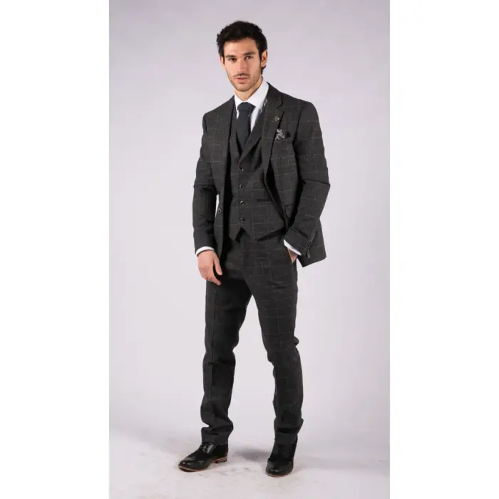 Mens Grey Tweed 3 Piece Suit Blue Check Vintage 1920s Gatsby Blinders Tailored Fit - Image 4