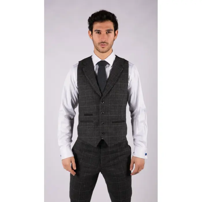 Mens Grey Tweed 3 Piece Suit Blue Check Vintage 1920s Gatsby Blinders Tailored Fit - Image 5
