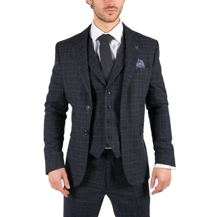 Mens Tweed 3 Piece Suit Blue Check Vintage 1920s Gatsby Blinders Tailored Fit - Image 1