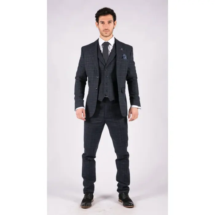 Mens Tweed 3 Piece Suit Blue Check Vintage 1920s Gatsby Blinders Tailored Fit - Image 2