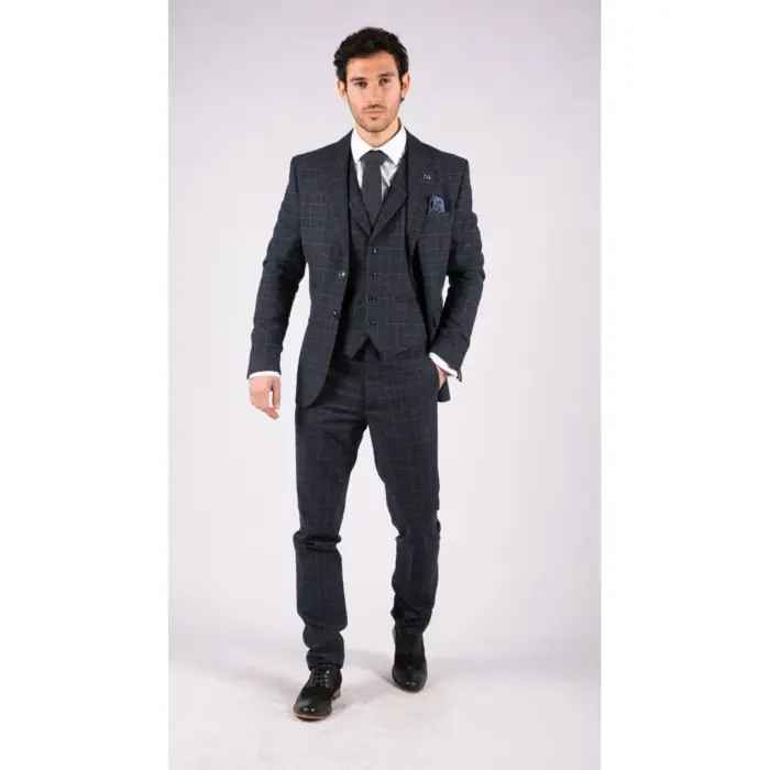 Mens Tweed 3 Piece Suit Blue Check Vintage 1920s Gatsby Blinders Tailored Fit - Image 3