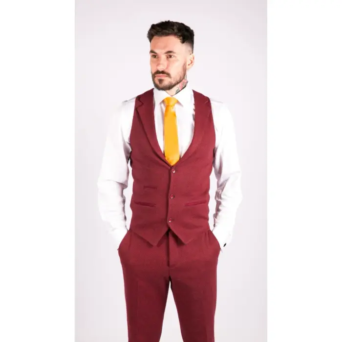 Mens Wool 3 Piece Suit Tweed Burgundy Black Tailored Fit Classic - Image 5
