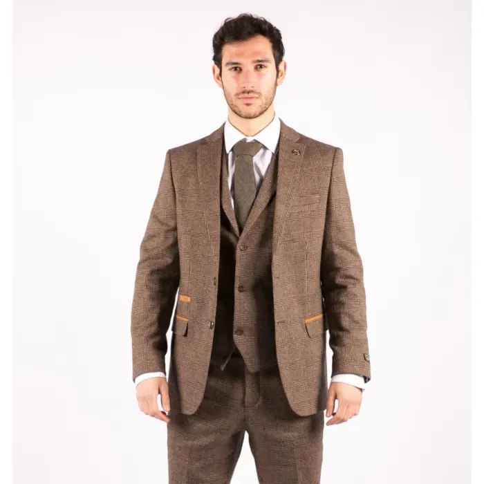 Mens Wool 3 Piece Check Suit Tweed Brown Tailored Fit Blinders Gatsby 1920s - Image 1