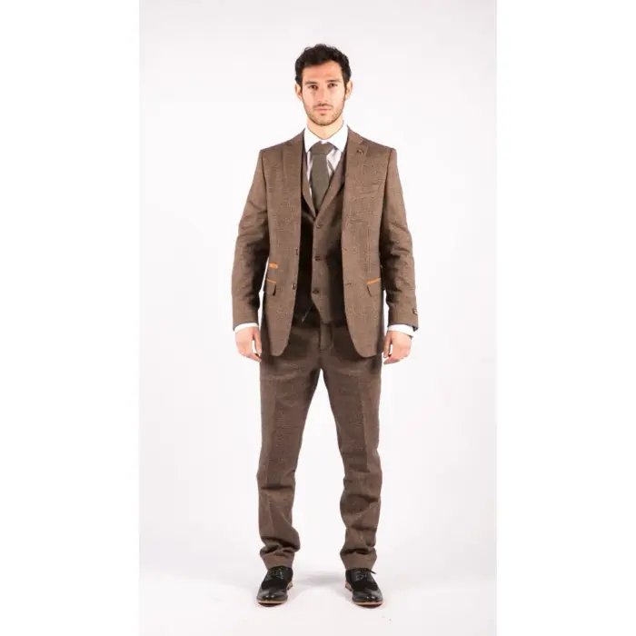 Mens Wool 3 Piece Check Suit Tweed Brown Tailored Fit Blinders Gatsby 1920s - Image 2