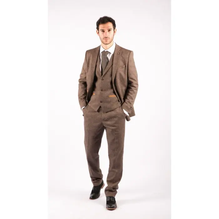 Mens Wool 3 Piece Check Suit Tweed Brown Tailored Fit Blinders Gatsby 1920s - Image 3