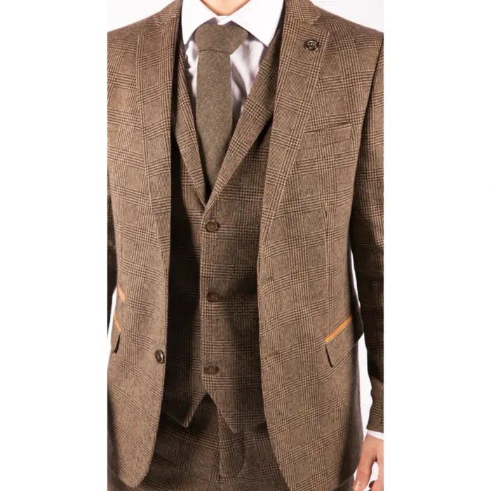 Mens Wool 3 Piece Check Suit Tweed Brown Tailored Fit Blinders Gatsby 1920s - Image 5