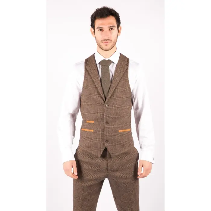 Mens Wool 3 Piece Check Suit Tweed Brown Tailored Fit Blinders Gatsby 1920s - Image 6