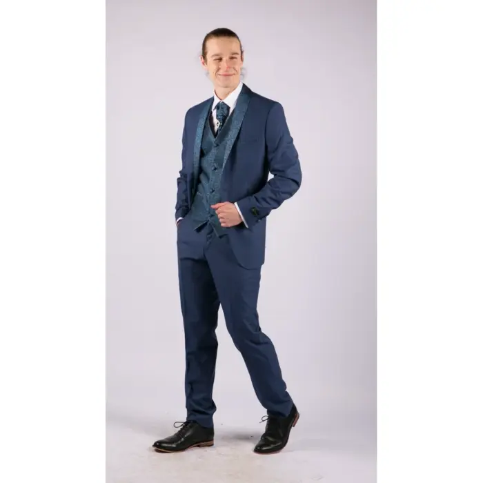 Mens 4 Piece Wedding Suit Groom Shawl Collar Vintage Blue Cravat Tailored Fit - Image 3