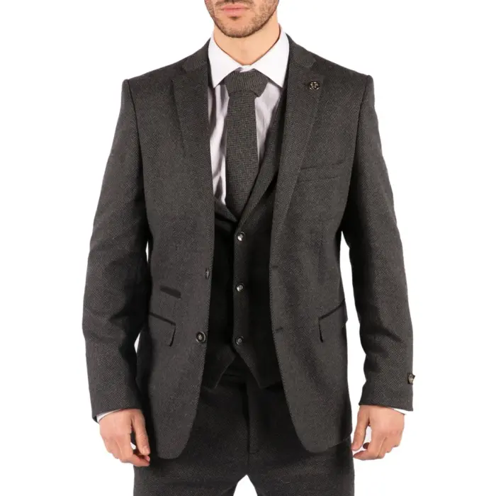 Mens Grey Black 3 Piece Tweed Suit Herringbone Wool Vintage Retro - Image 1