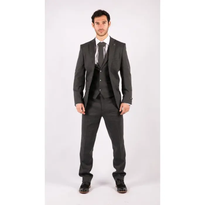 Mens Grey Black 3 Piece Tweed Suit Herringbone Wool Vintage Retro - Image 2