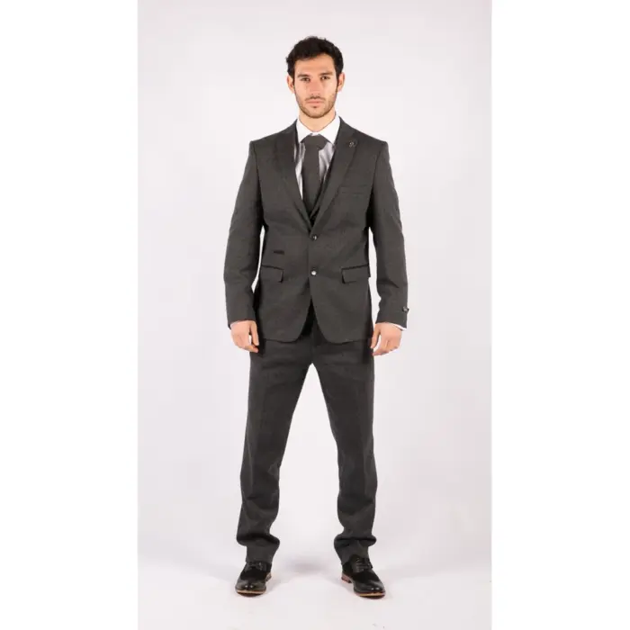 Mens Grey Black 3 Piece Tweed Suit Herringbone Wool Vintage Retro - Image 3