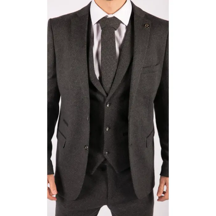 Mens Grey Black 3 Piece Tweed Suit Herringbone Wool Vintage Retro - Image 4