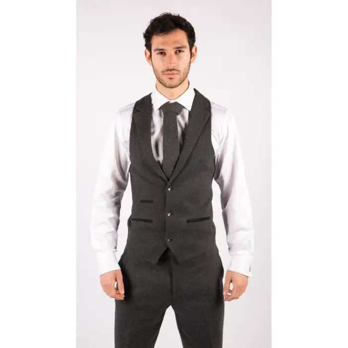 Mens Grey Black 3 Piece Tweed Suit Herringbone Wool Vintage Retro - Image 5