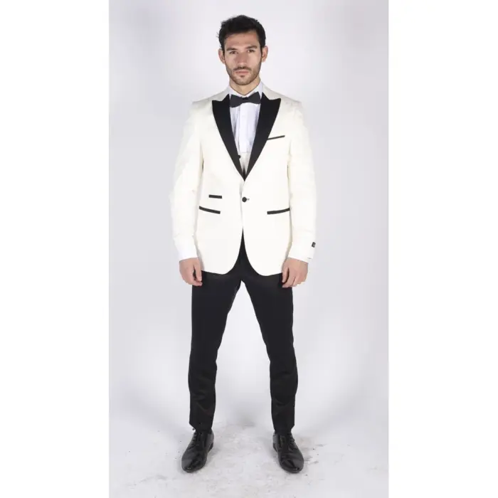 Mens Paisley Tuxedo Blazer And Waistcoat Brocade Dinner Jacket Satin Ivory Black - Image 2