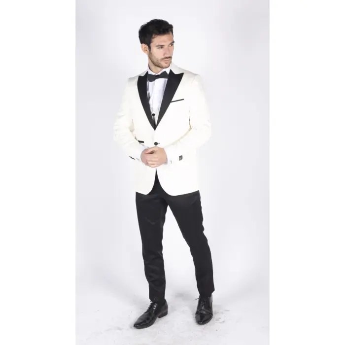 Mens Paisley Tuxedo Blazer And Waistcoat Brocade Dinner Jacket Satin Ivory Black - Image 3