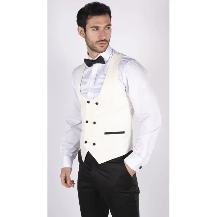 Mens Paisley Tuxedo Blazer And Waistcoat Brocade Dinner Jacket Satin Ivory Black - Image 5