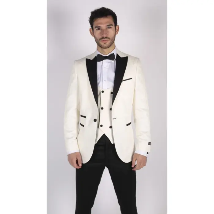 Mens Paisley Tuxedo Blazer And Waistcoat Brocade Dinner Jacket Satin Ivory Black - Image 1