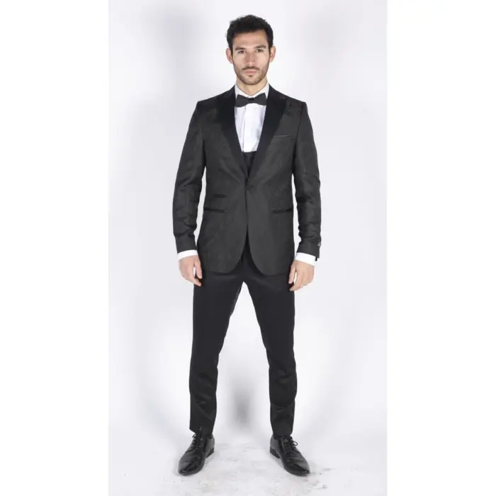 Mens Paisley Tuxedo Blazer And Waistcoat Brocade Dinner Jacket Satin Black Fit - Image 2