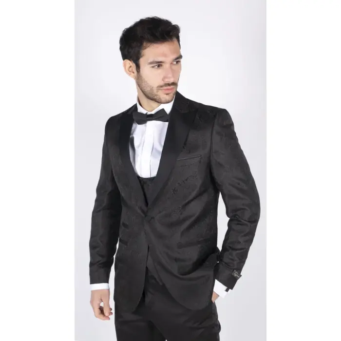 Mens Paisley Tuxedo Blazer And Waistcoat Brocade Dinner Jacket Satin Black Fit - Image 4