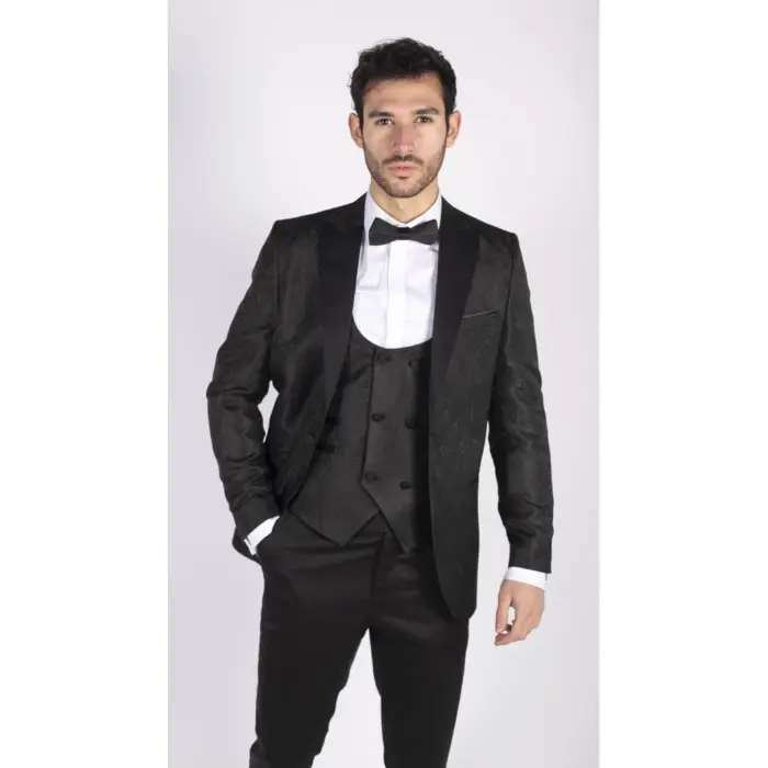 Mens Paisley Tuxedo Blazer And Waistcoat Brocade Dinner Jacket Satin Black Fit - Image 1