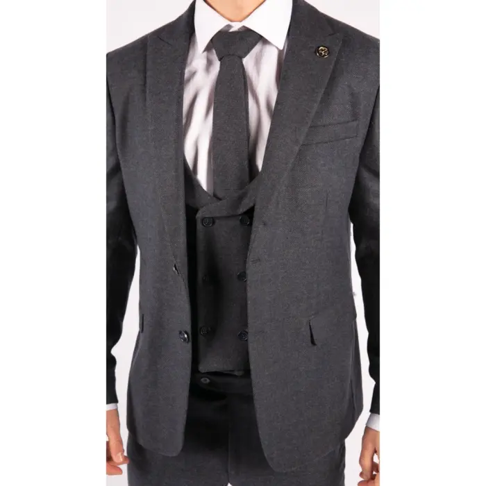 Mens 3 Piece Tweed Suit Blue Herringbone Double Waistcoat Classic Vintage Shelby 1920s - Image 4