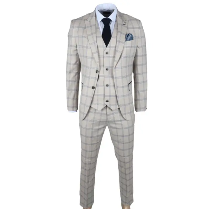 Men's Suit 3 Piece Beige Checked Classic Plaid Tailored Fit Formal Dress - Image 3