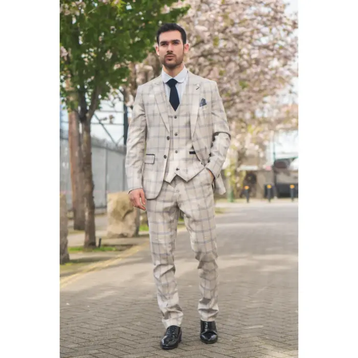 Men's Suit 3 Piece Beige Checked Classic Plaid Tailored Fit Formal Dress - Image 2