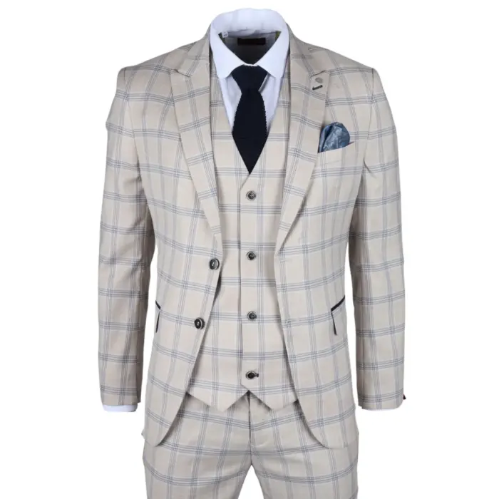 Men's Suit 3 Piece Beige Checked Classic Plaid Tailored Fit Formal Dress - Image 1