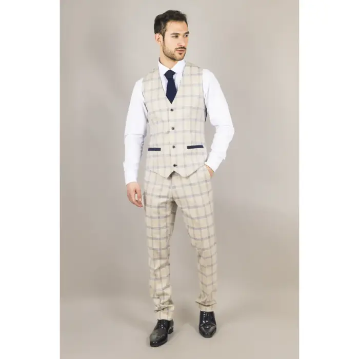 Men's Suit 3 Piece Beige Checked Classic Plaid Tailored Fit Formal Dress - Image 5