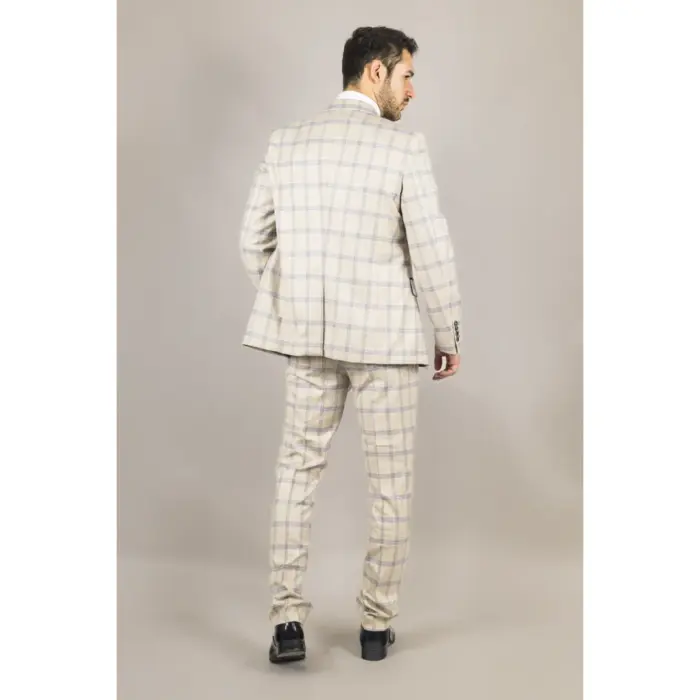 Men's Suit 3 Piece Beige Checked Classic Plaid Tailored Fit Formal Dress - Image 7