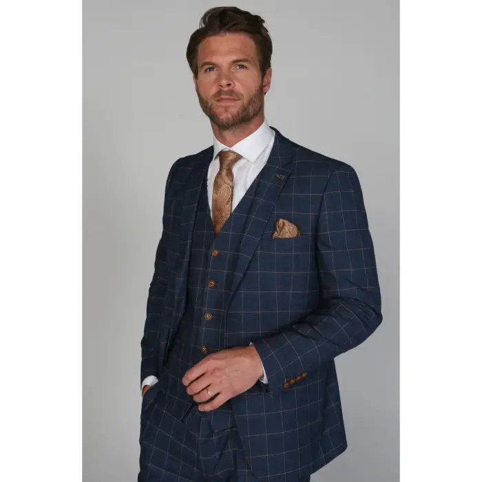 Men's Blue Blazer Check Formal Wedding Prom - Image 1
