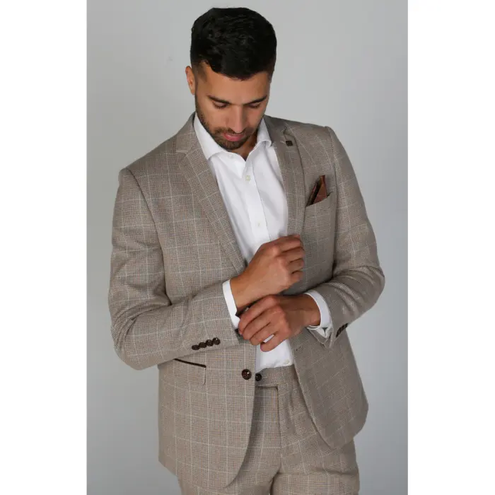 Holland - Men's Beige Check Blazer Office Wedding Prom - Image 1