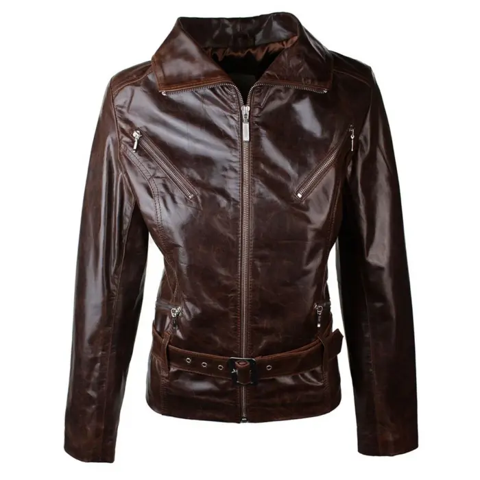 Ladies Women Real Leather  Biker Style Rock Belted Vintage Brown Jacket - Image 1