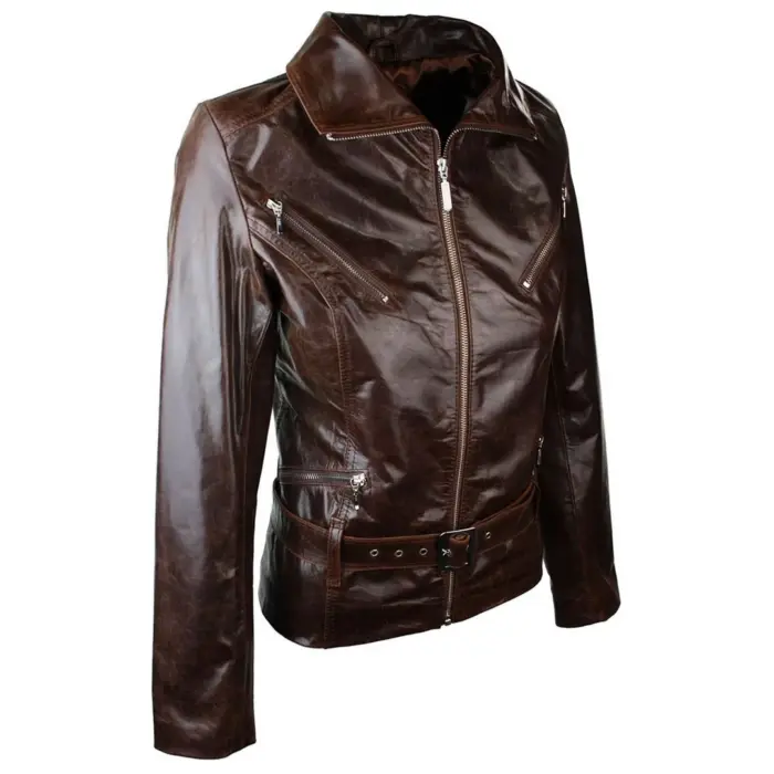 Ladies Women Real Leather  Biker Style Rock Belted Vintage Brown Jacket - Image 4