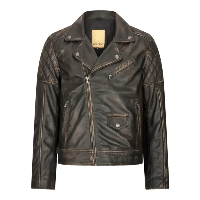 Mens Vintage Washed Tan Brown Real Leather Biker Jacket Cross Zip Retro Casual - Image 18