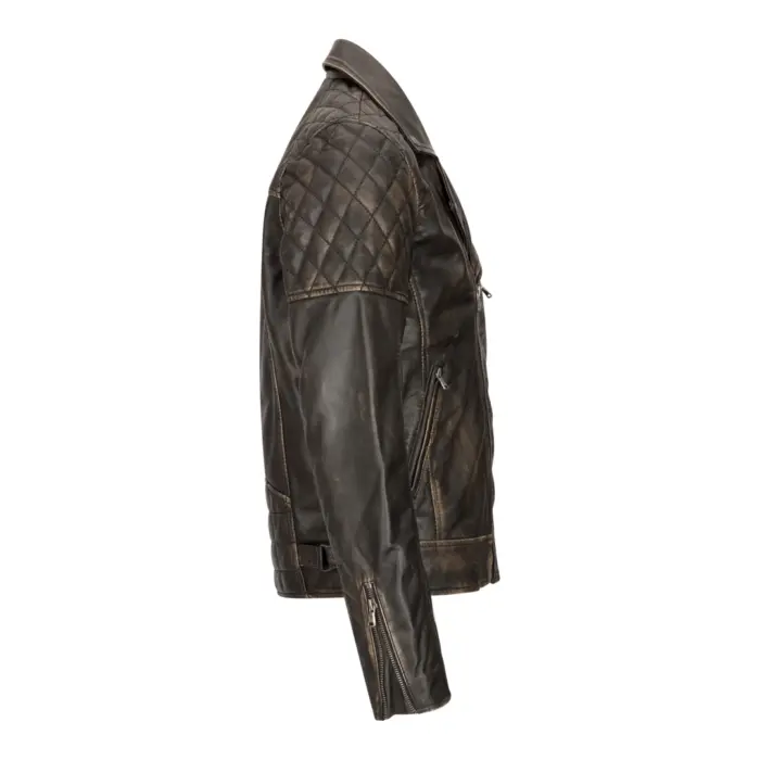 Mens Vintage Washed Tan Brown Real Leather Biker Jacket Cross Zip Retro Casual - Image 19