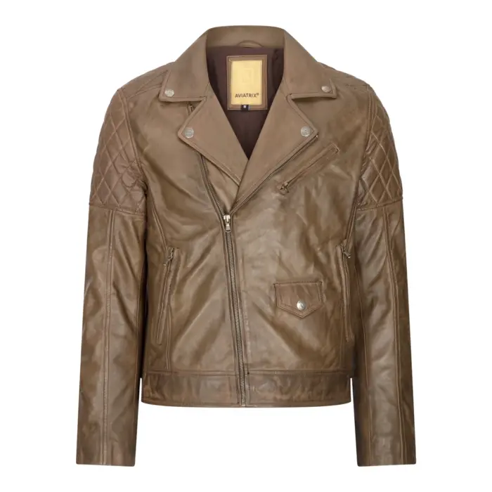 Mens Vintage Washed Tan Brown Real Leather Biker Jacket Cross Zip Retro Casual - Image 6