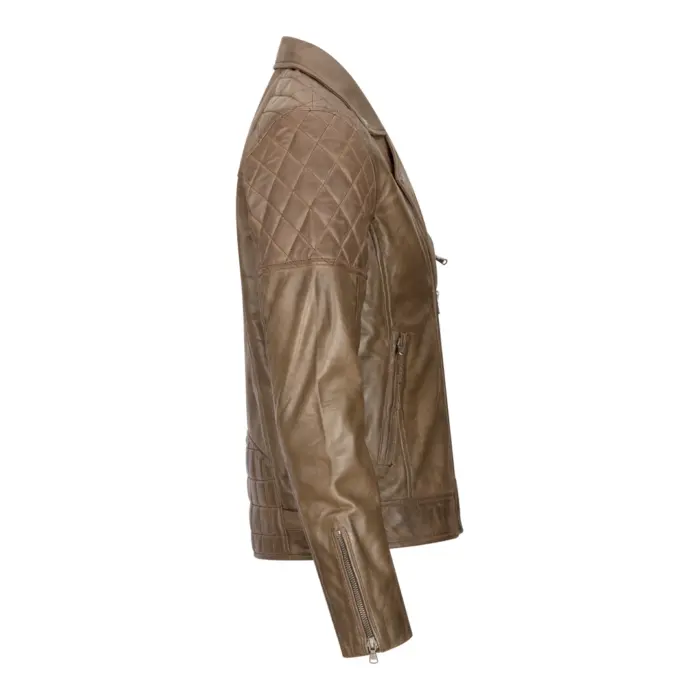 Mens Vintage Washed Tan Brown Real Leather Biker Jacket Cross Zip Retro Casual - Image 7