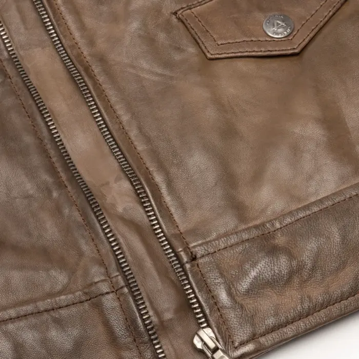 Mens Vintage Washed Tan Brown Real Leather Biker Jacket Cross Zip Retro Casual - Image 8