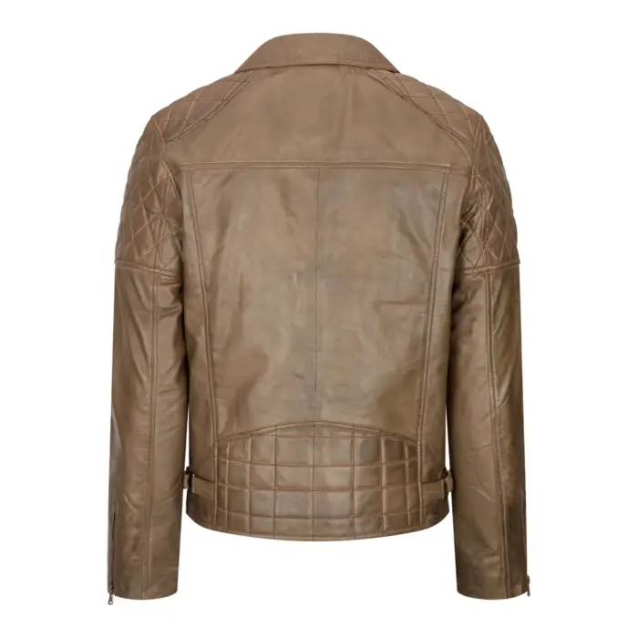 Mens Vintage Washed Tan Brown Real Leather Biker Jacket Cross Zip Retro Casual - Image 9