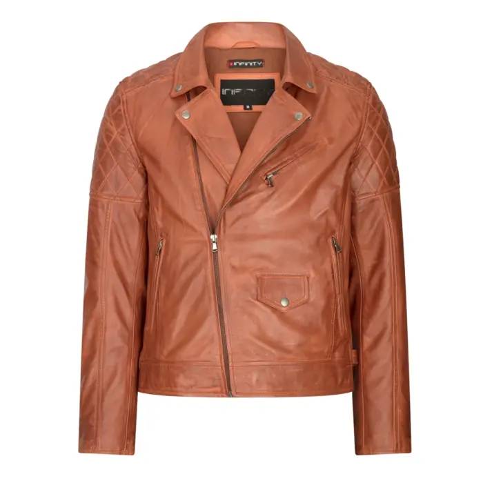 Mens Vintage Washed Tan Brown Real Leather Biker Jacket Cross Zip Retro Casual - Image 10