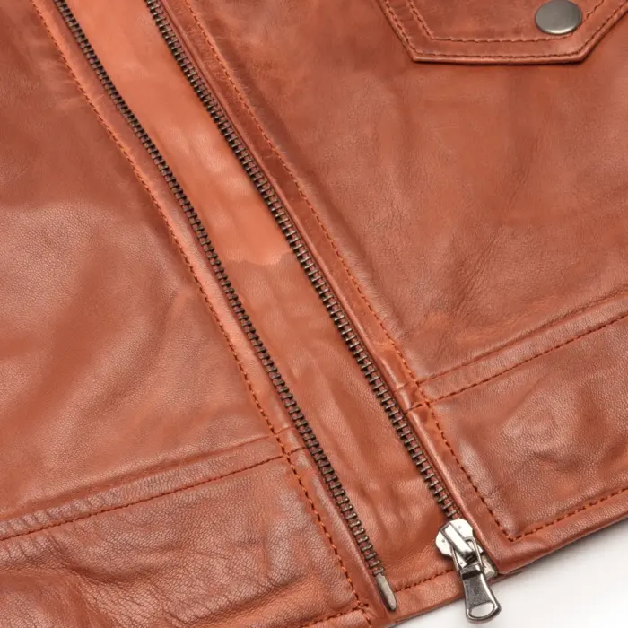 Mens Vintage Washed Tan Brown Real Leather Biker Jacket Cross Zip Retro Casual - Image 12