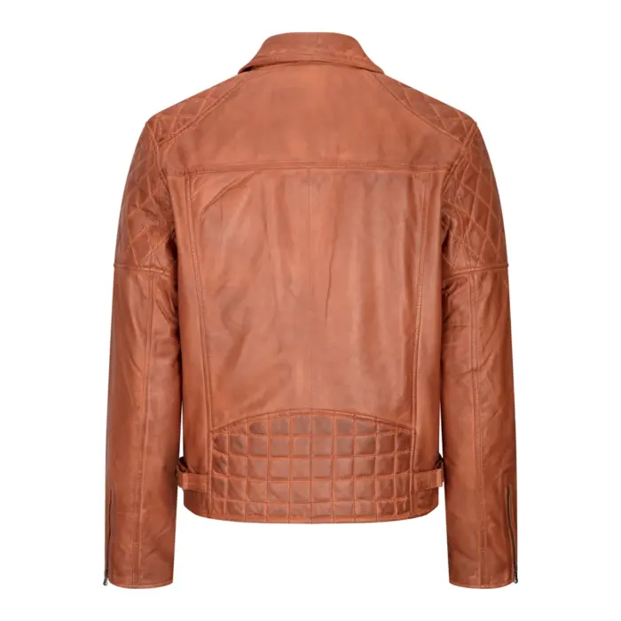 Mens Vintage Washed Tan Brown Real Leather Biker Jacket Cross Zip Retro Casual - Image 13