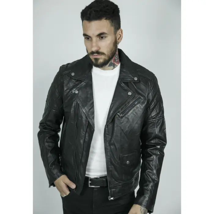 Mens Vintage Washed Tan Brown Real Leather Biker Jacket Cross Zip Retro Casual - Image 2