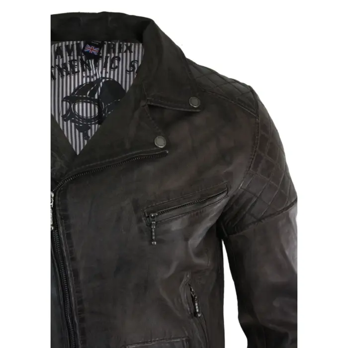 Mens Vintage Washed Tan Brown Real Leather Biker Jacket Cross Zip Retro Casual - Image 29