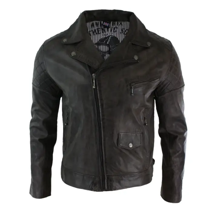 Mens Vintage Washed Tan Brown Real Leather Biker Jacket Cross Zip Retro Casual - Image 27