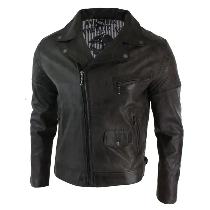 Mens Vintage Washed Tan Brown Real Leather Biker Jacket Cross Zip Retro Casual - Image 28