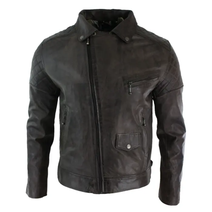 Mens Vintage Washed Tan Brown Real Leather Biker Jacket Cross Zip Retro Casual - Image 30