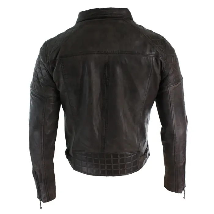 Mens Vintage Washed Tan Brown Real Leather Biker Jacket Cross Zip Retro Casual - Image 32